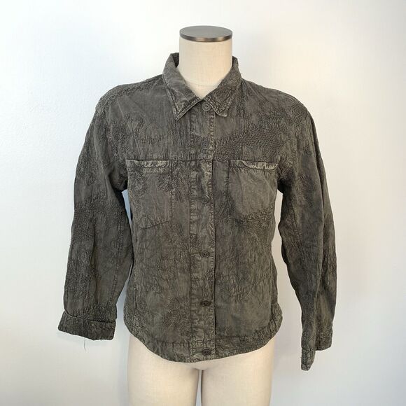 Chico's Olive Green Long Sleeve Lightweight Embroidered Jacket Cotton Size 1 - Picture 1 of 7